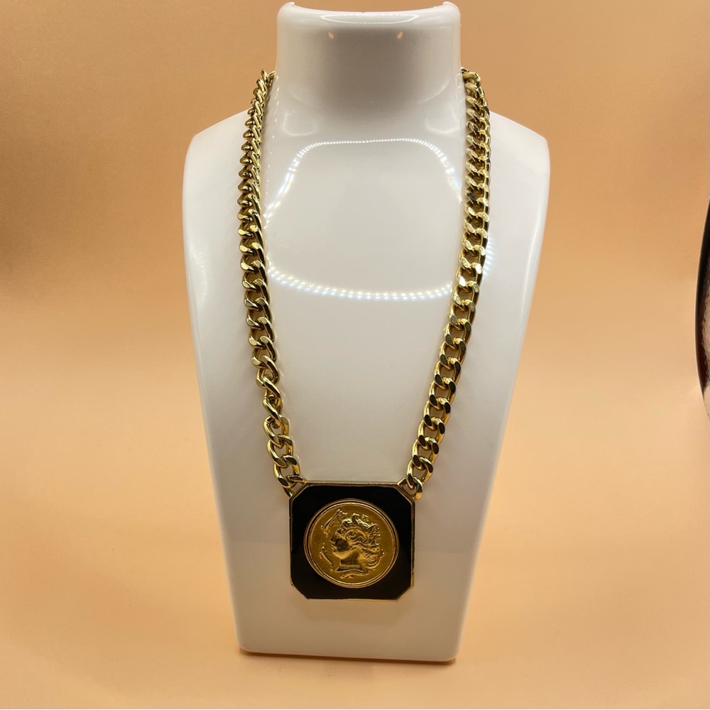 Vintage Chunky Greek Man Cameo Chain Medallion Necklace Big Gold Energy Bold